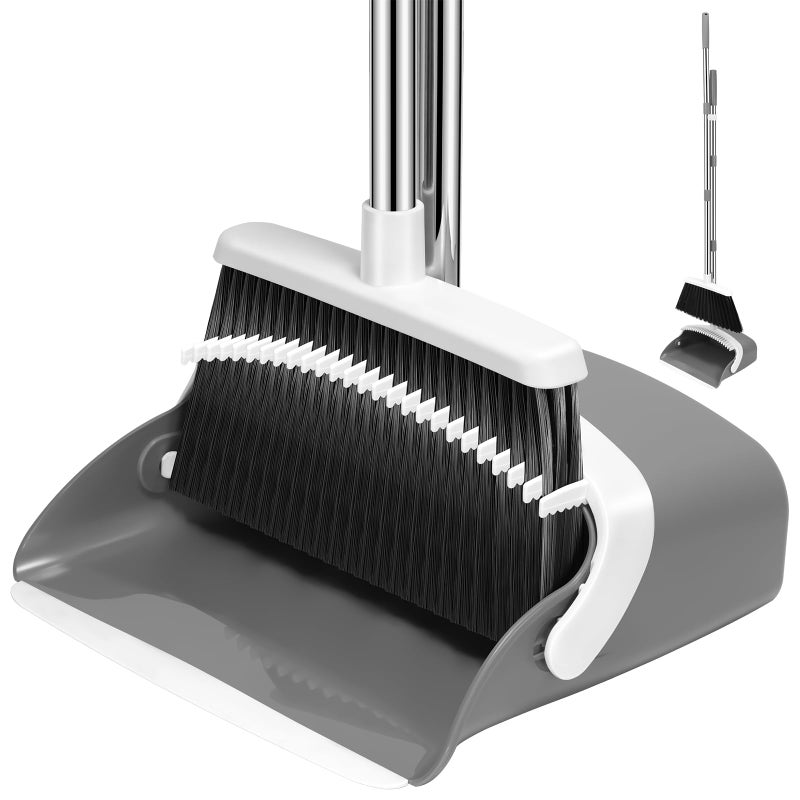 NACENA Broom and Dustpan Set 52in Long Adjustable Handle Broom Dustpan Combo with Dustpan Teeth to Automatically Clean Hair Suitable for Home Kitchen Office Hall FloorGreyWhite